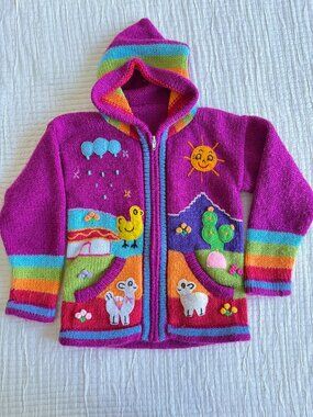 Shuk Arte Girls Sweater 6-7 Handmade Alpaca Wool Hooded Rainbow Llama Ecuador